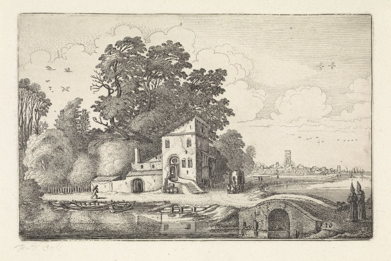 Casa presso un ponte di pietra in un paesaggio fluviale da Jan van de Velde (II)