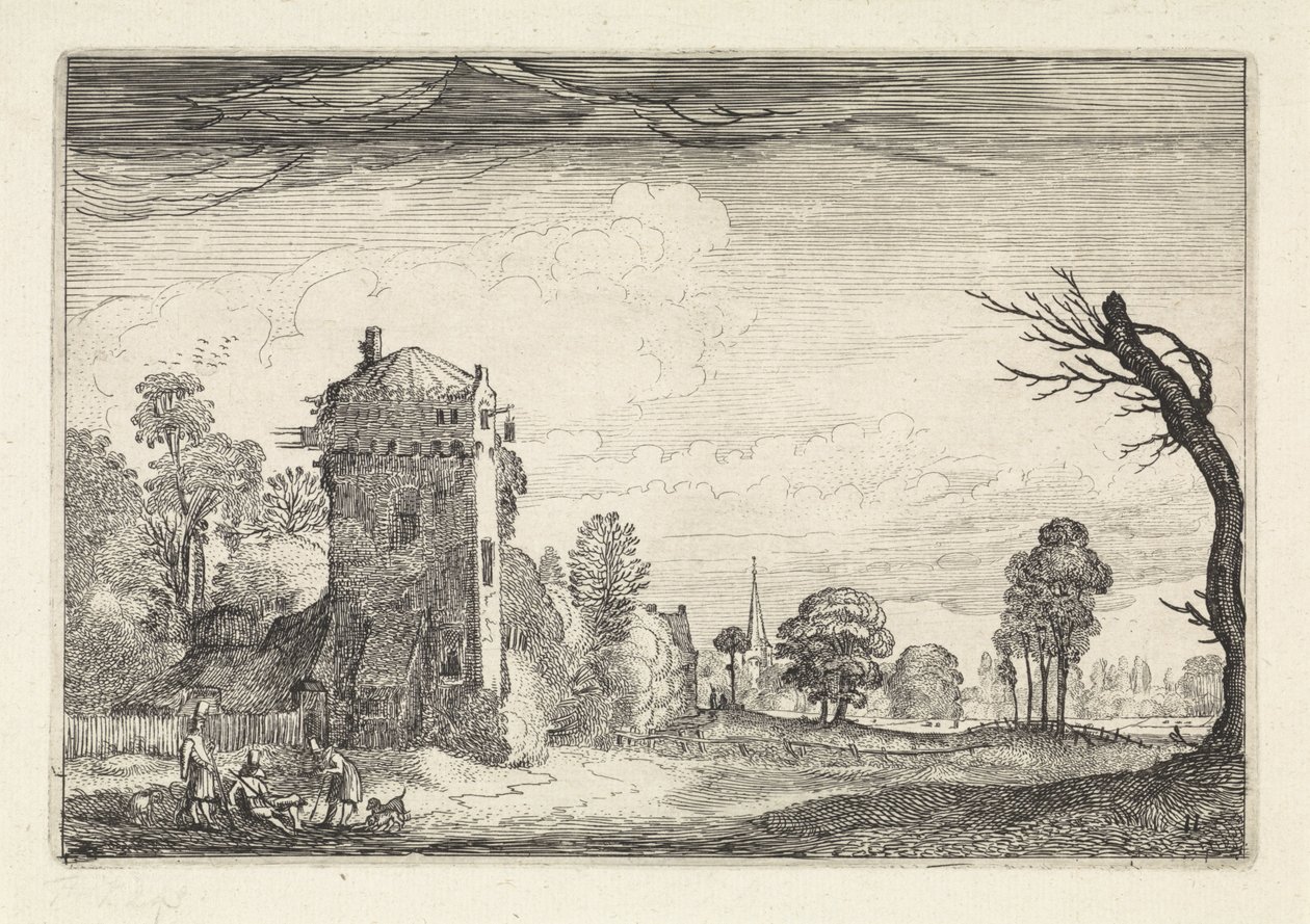 Cacciatori con cani presso una torre in un paesaggio da Jan van de Velde (II)