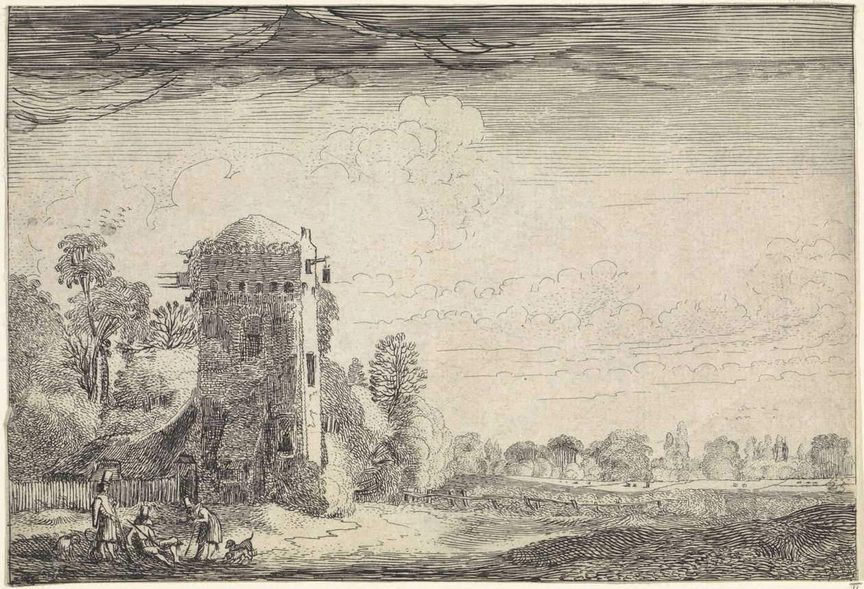 Cacciatori con cani vicino a una torre in un paesaggio da Jan van de Velde (II)