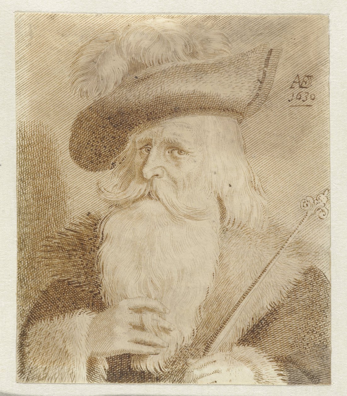Uomo con colletto di pelliccia, cappello e bastone da Jan van de Velde (II)