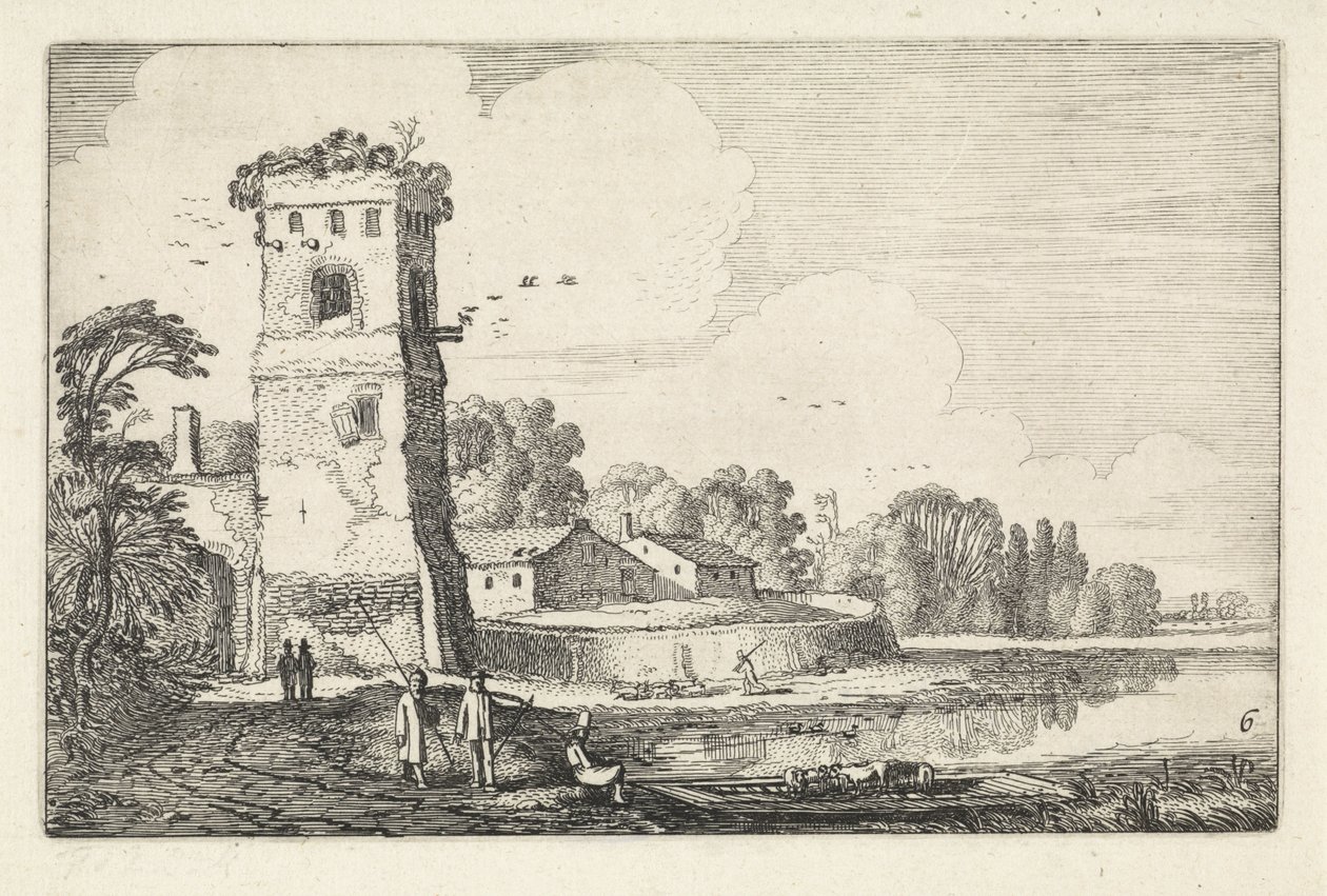 Ponte con pecore vicino a una torre in un paesaggio fluviale da Jan van de Velde (II)