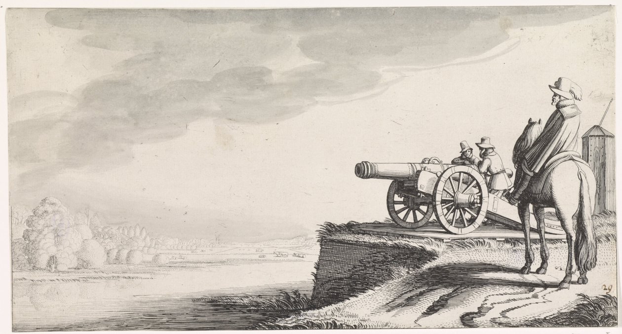 Cavaliere e due soldati vicino a un cannone su una riva del fiume (Playsante lantschappen ende vermakelycke gesichten) da Jan van de Velde (II)