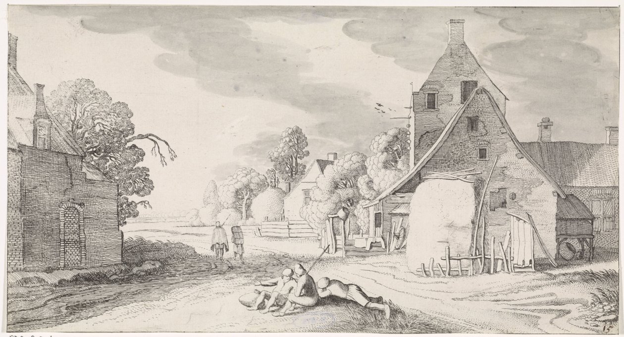 Contadini che riposano lungo una strada in un villaggio (serie: Paesaggi piacevoli e vedute divertenti) da Jan van de Velde (II)