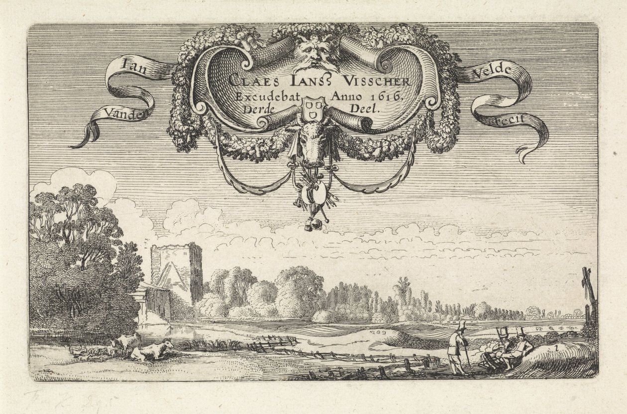 Figure riposanti in un paesaggio con mucche e una torre da Jan van de Velde (II)