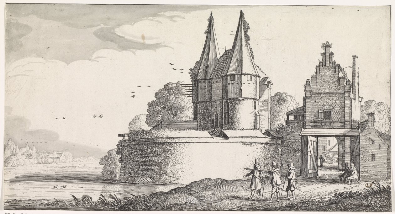 Soldati presso un forte e una porta della città su un fiume da Jan van de Velde (II)