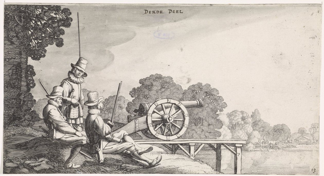 Soldati presso un cannone su un molo lungo un fiume da Jan van de Velde (II)
