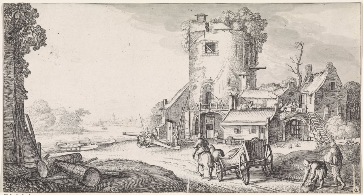 Soldati presso una torre in un paesaggio fluviale da Jan van de Velde (II)
