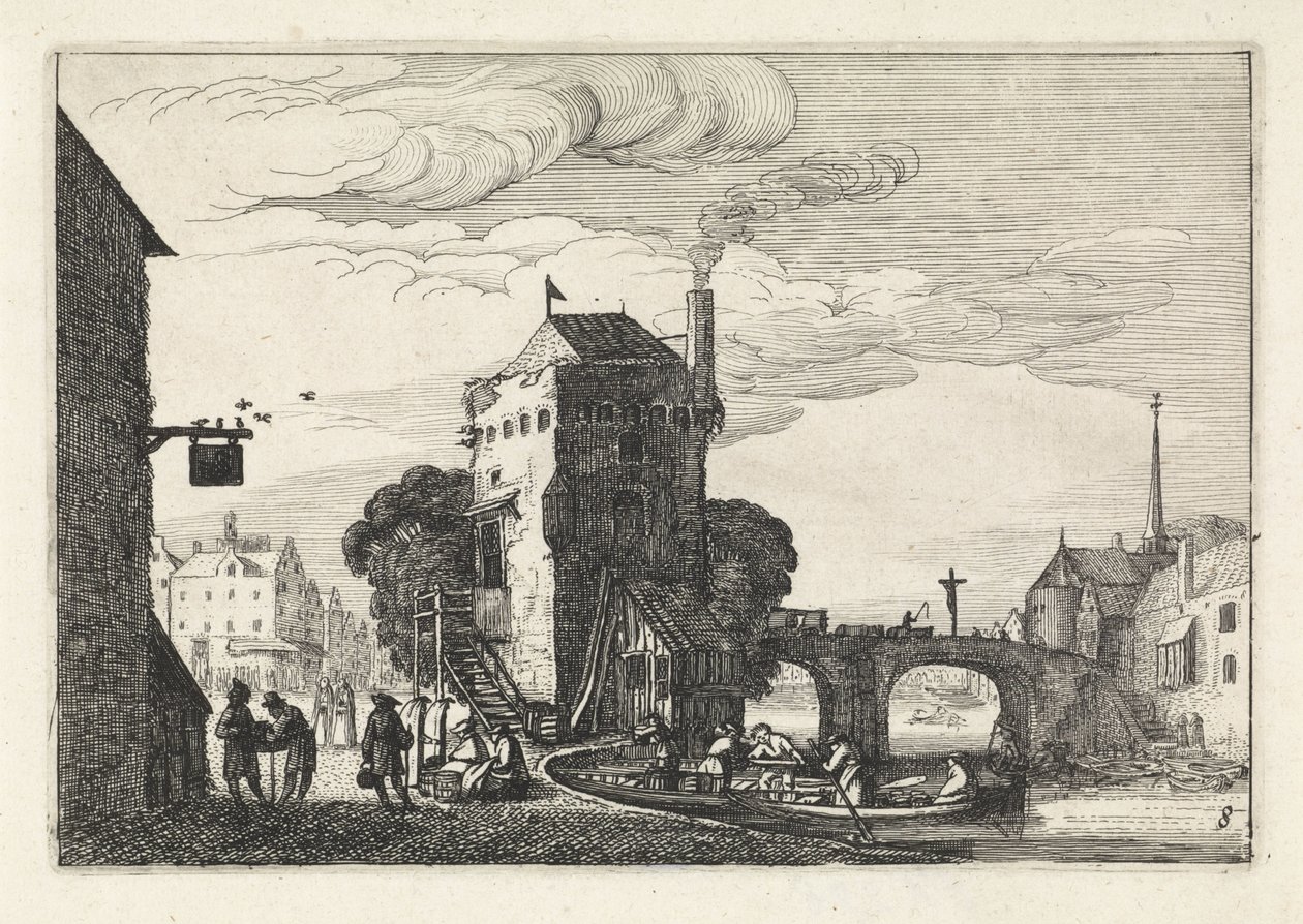 Veduta urbana con un ponte su un fiume (serie: Paesaggi) da Jan van de Velde (II)