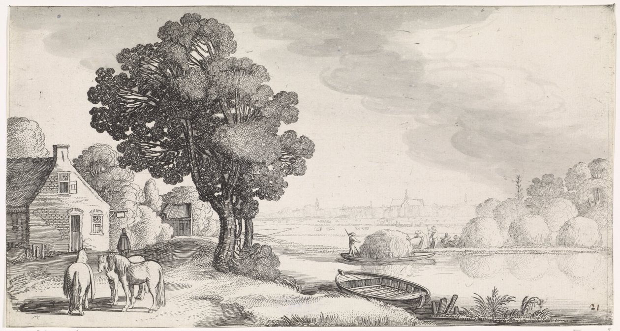 Trasporto di fieno su un fiume con Haarlem in lontananza da Jan van de Velde (II)