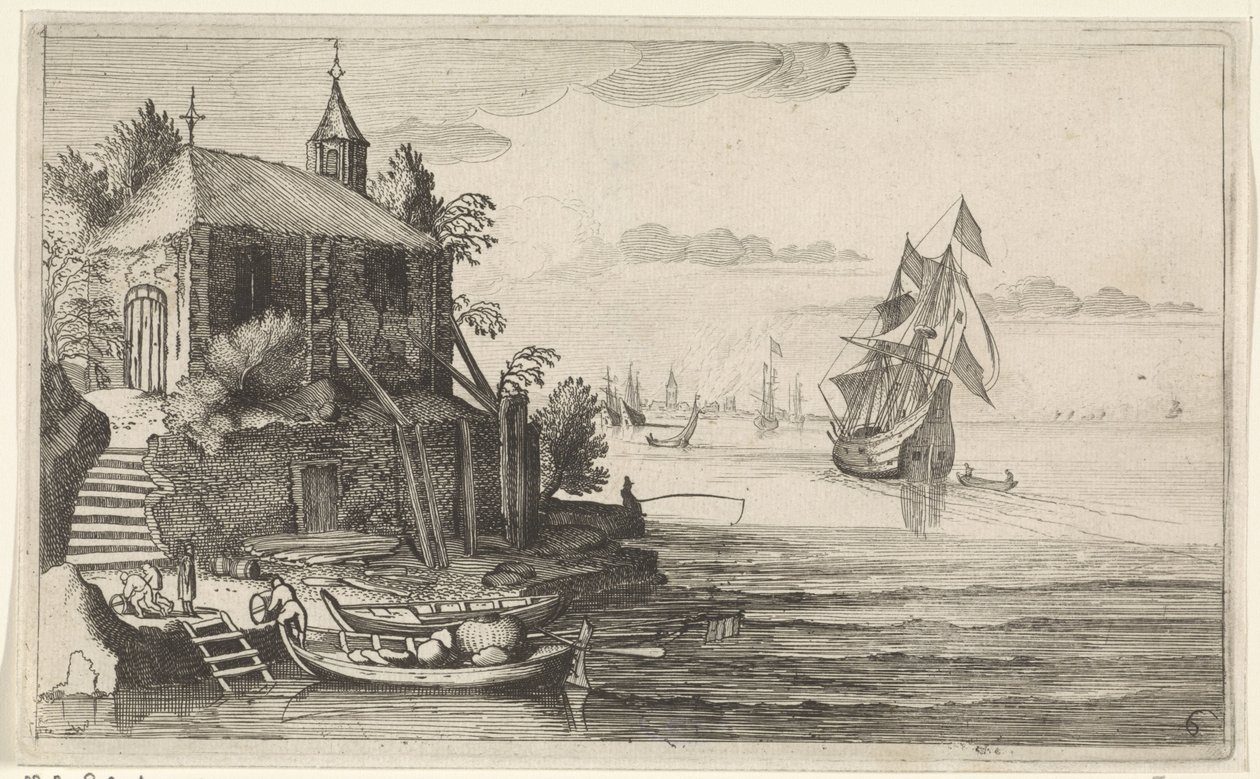 Due alberi vicino a una costa con una cappella (Scene marine) da Jan van de Velde (II)