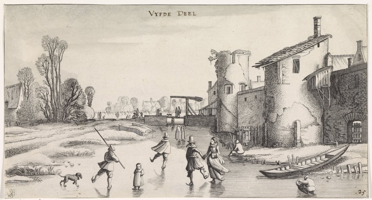 Paesaggio invernale con pattinatori vicino a una cinta muraria da Jan van de Velde (II)