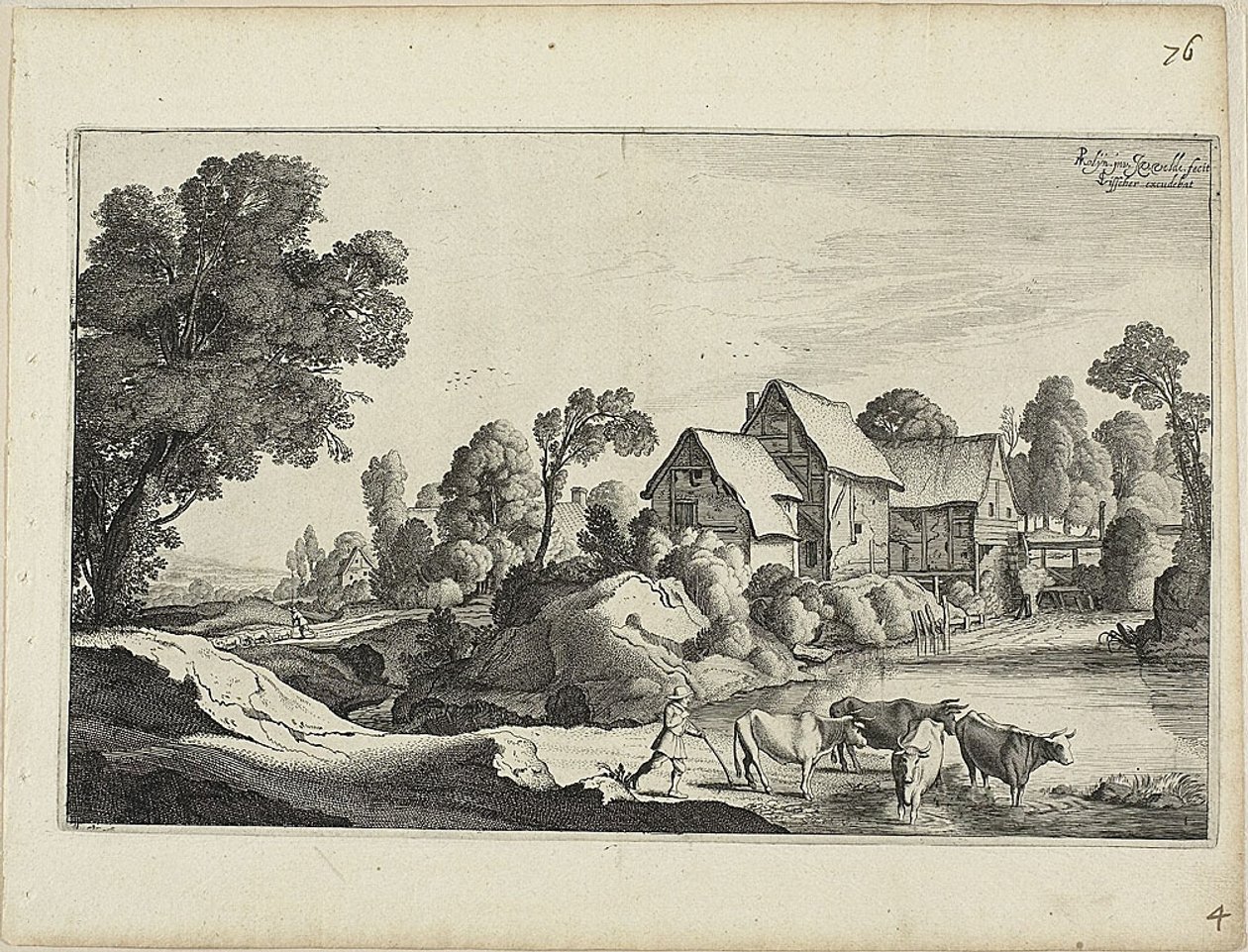 Mandria di bovini in un guado vicino a un mulino ad acqua da Jan van de Velde II