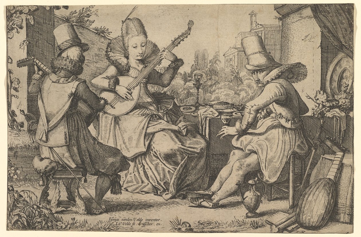 Due uomini elegantemente vestiti e una donna in un giardino, 1613-41 da Jan van de Velde II