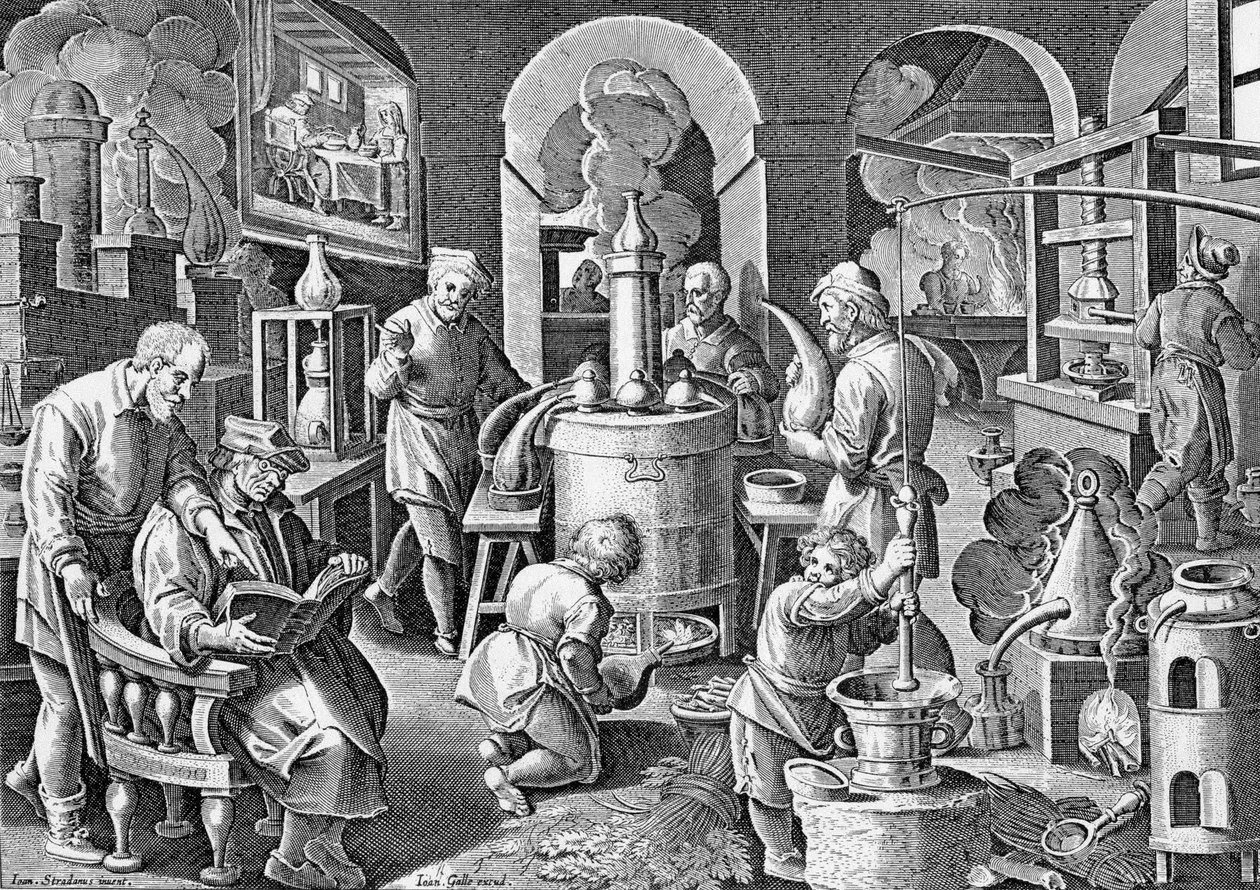 Distillazione: In igne succus omnium, arte, corporum, Vigens fit unda, limpida e potissima. Incisione del XVI secolo di Jan van der Straet, sui diversi stadi della distillazione da Jan van der Straet