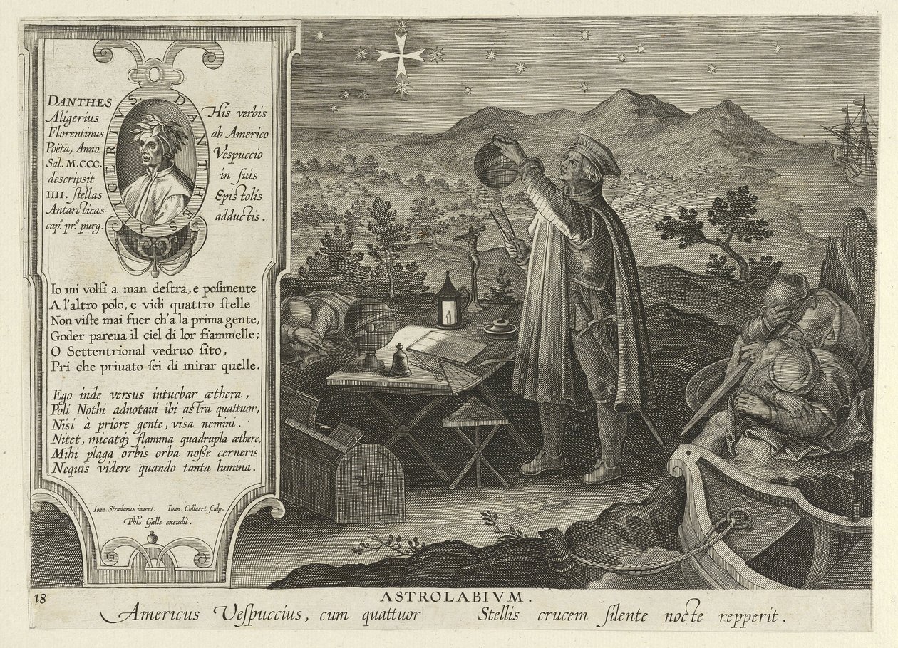 Amerigo Vespucci scopre la Croce del Sud con un astrolabio, da Nova Reperta, pub. 1600 da Jan van der Straet