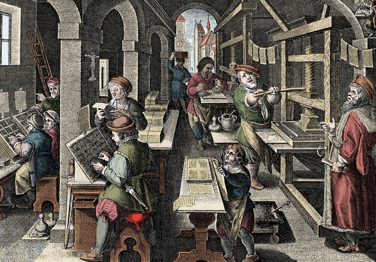 Tipografia, c1600 - Olanda, Tipografia: a sinistra i caratteri usano caratteri, le diverse fasi della preparazione della stampa supervisionate da un maestro tipografo - Incisione da 