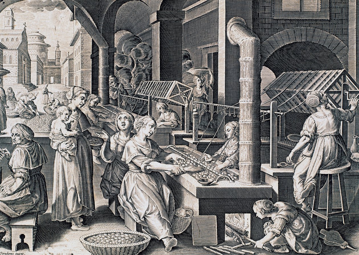 Vermis sericus, donne che filano seta e riscaldano bachi da seta sul fuoco, incisione di Stradanus (1523-1605), Italia da Jan van der Straet