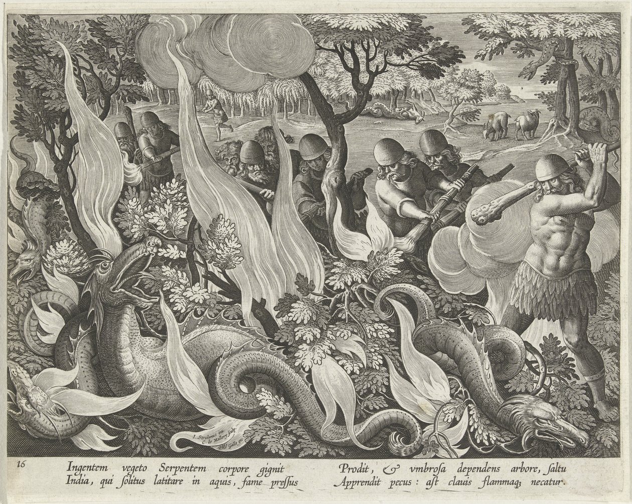 Cattura di Serpenti in India Usando Mazze e Torce per Illuminare la Vegetazione, tavola 44 da Venationes Ferarum, Avium, Piscium (Della Caccia: Bestie Selvatiche, Uccelli, Pesci) pub. 1640 da Jan van der 1523 1605 Straet