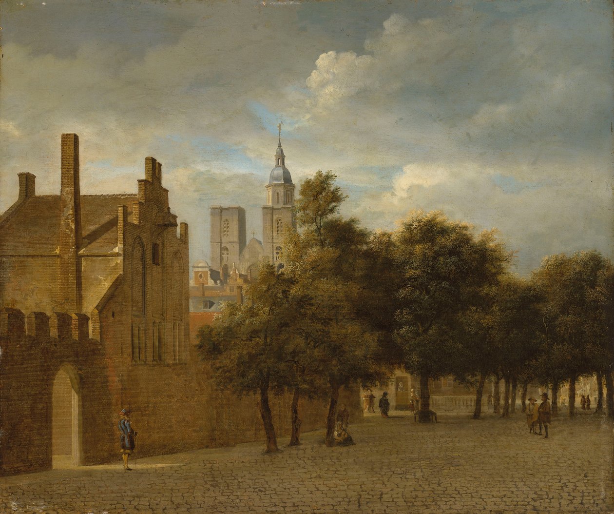 Un paesaggio urbano con figure che passeggiano, una chiesa al di là di esso da Jan van der Heyden