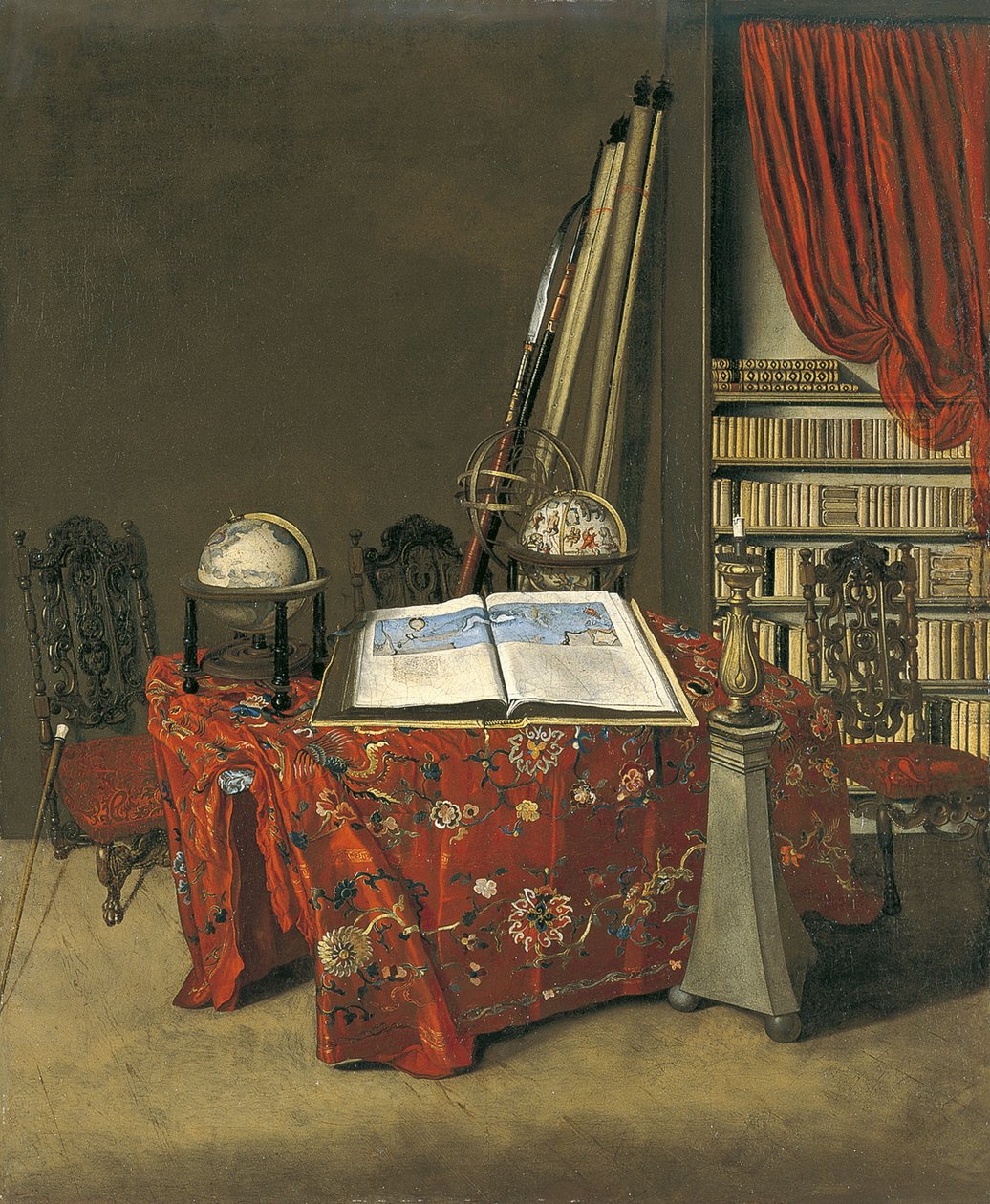 Olandese: Interno di uno studio con un atlante aperto e due mappamondi Angolo di una biblioteca da Jan van der Heyden
