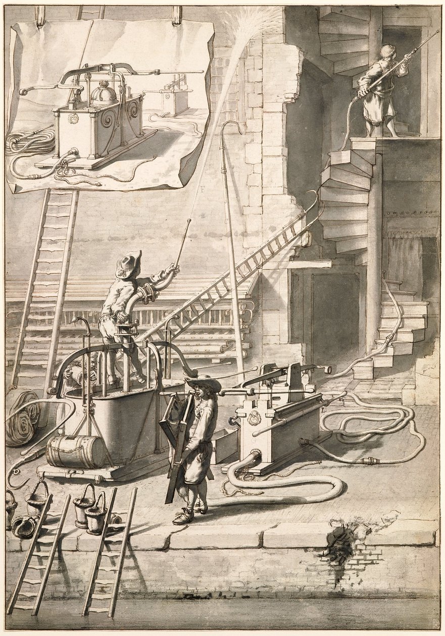 Confronto tra le vecchie pompe antincendio e la pompa antincendio di Van der Heyden da Jan van der Heyden