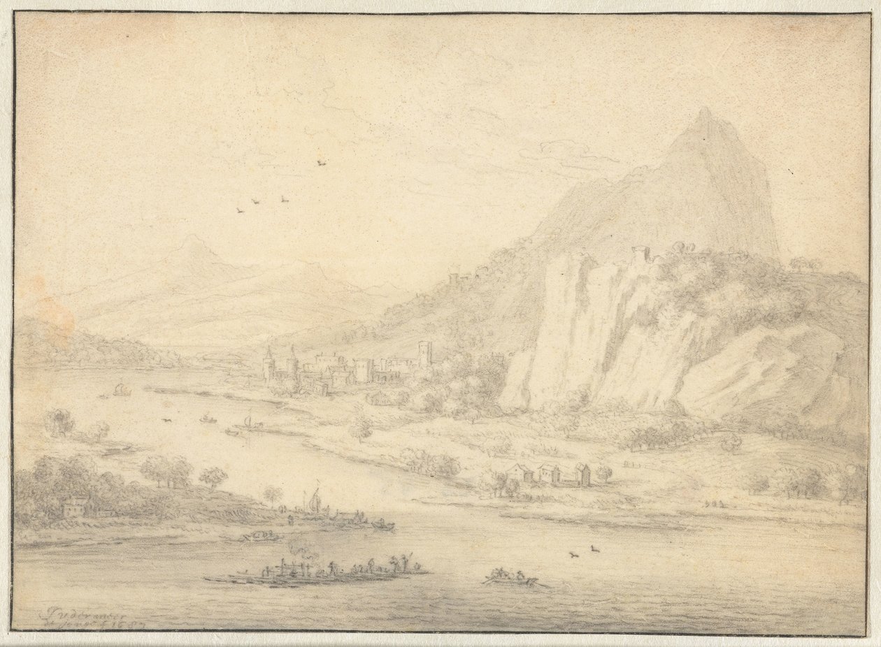 Paesaggio fluviale montuoso con barche da Jan van der Meer (II)