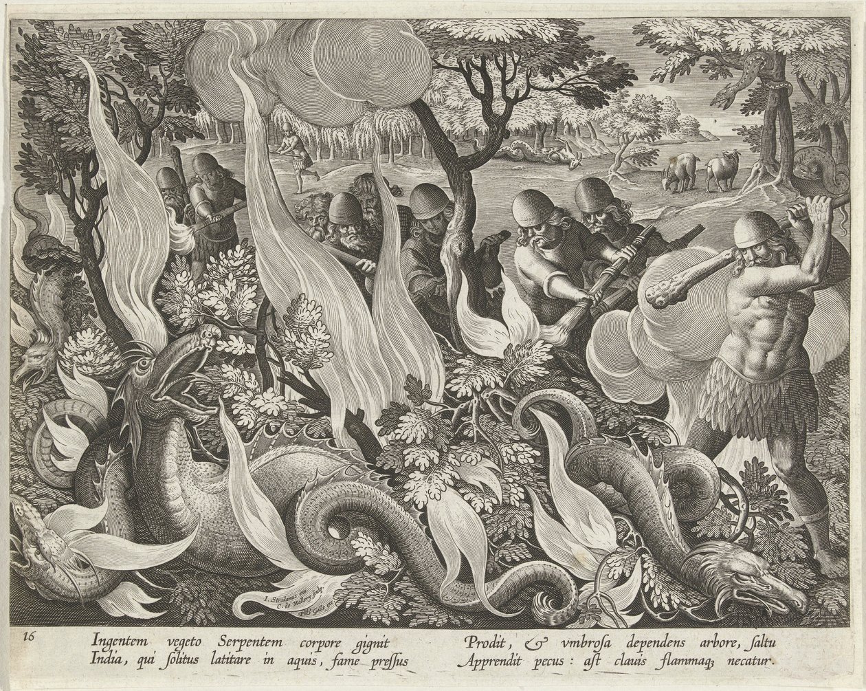 Cattura di serpenti in India usando bastoni e torce per illuminare la boscaglia, incisione pubblicata nel 1640 da Jan van der Straet
