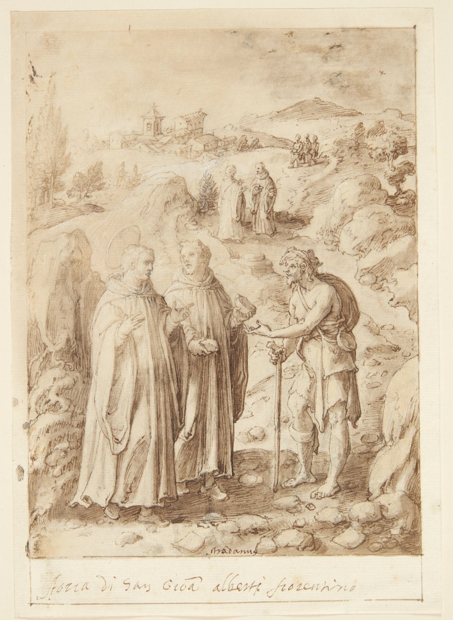 Storia di San Giovanni Alberti Fiorentino. Il santo e il monaco accompagnatore danno il loro ultimo pane a un mendicante da Jan van der Straet