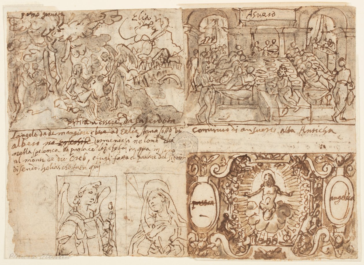 In alto a sinistra: Paesaggio boscoso con Elia svegliato e nutrito da un angelo sul Monte Horeb (1 Re 19:5-6); In alto a destra: Il banchetto del re Assuero (Ester 1:1-6); In basso a destra: Cristo circondato da angeli con l
