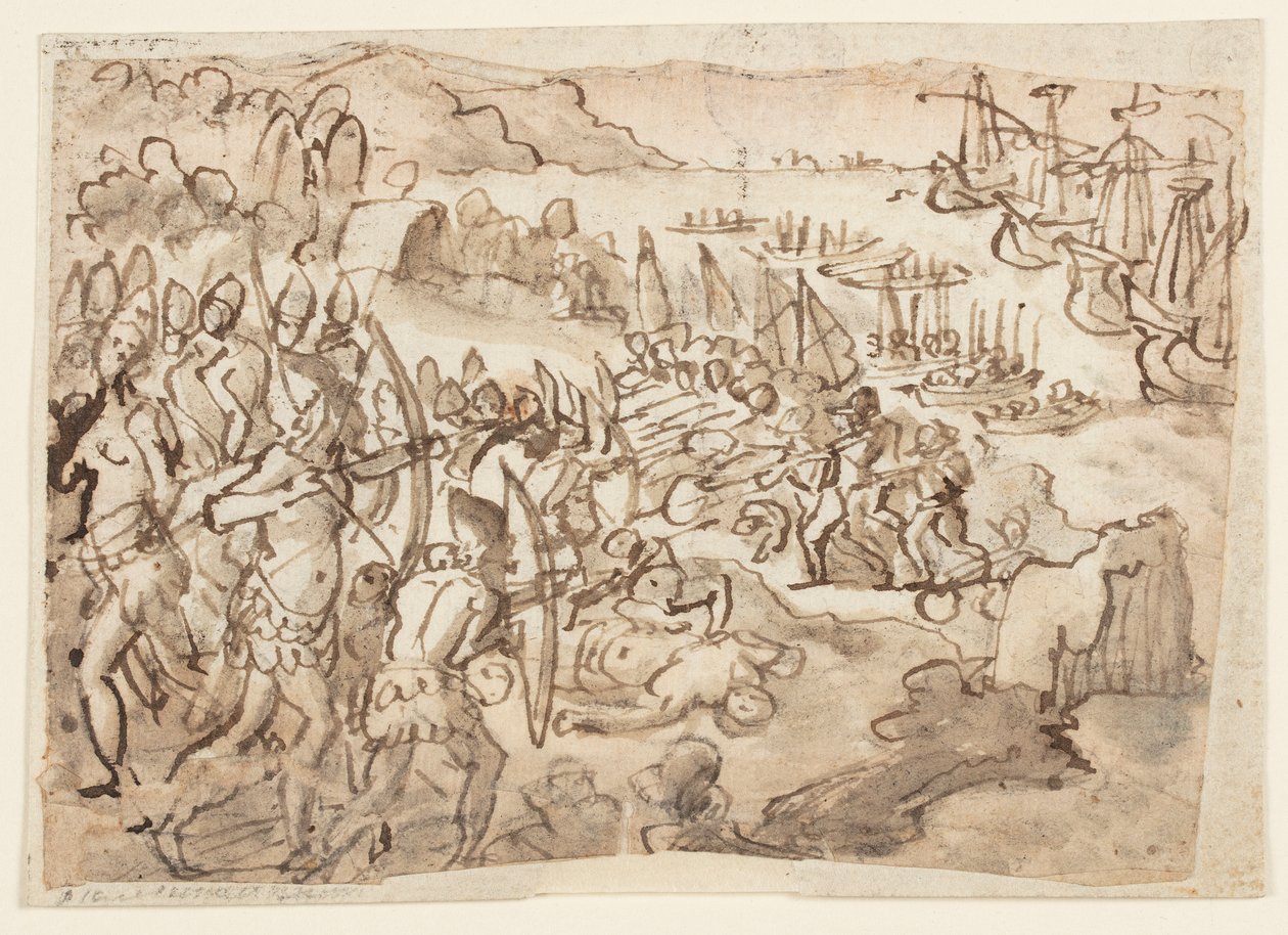 Conquista delle Filippine, disegno preliminare per pittura a grisaille realizzata dal figlio di Stradanus, Scipione, per le esequie in memoria di Filippo II di Spagna, tenutesi a San Lorenzo a Firenze il 12 novembre 1598 da Jan van der Straet, called Stradanus