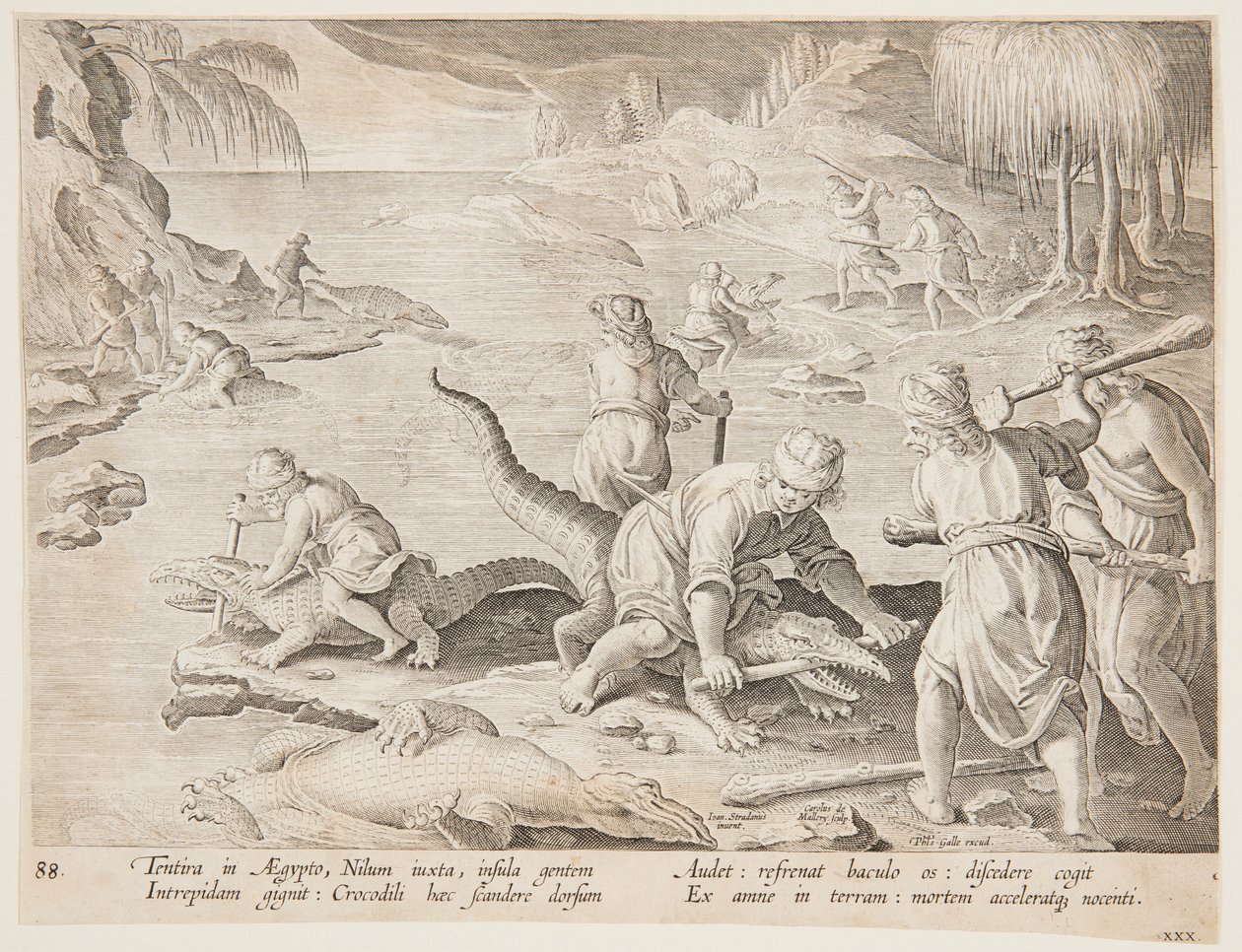 Caccia al coccodrillo a Tentyra, in Egitto, tavola 30 dalla serie Venationes Ferarum, Avium, Piscium da Jan van der Straet, called Stradanus