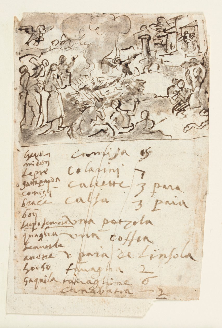 Morte della donna di Sestos, dalla Storia Naturale di Plinio, Libro 10, cap. 6; sotto: iscrizione che elenca gli animali presenti in una serie di immagini di caccia e lista di articoli di abbigliamento da Jan van der Straet, called Stradanus