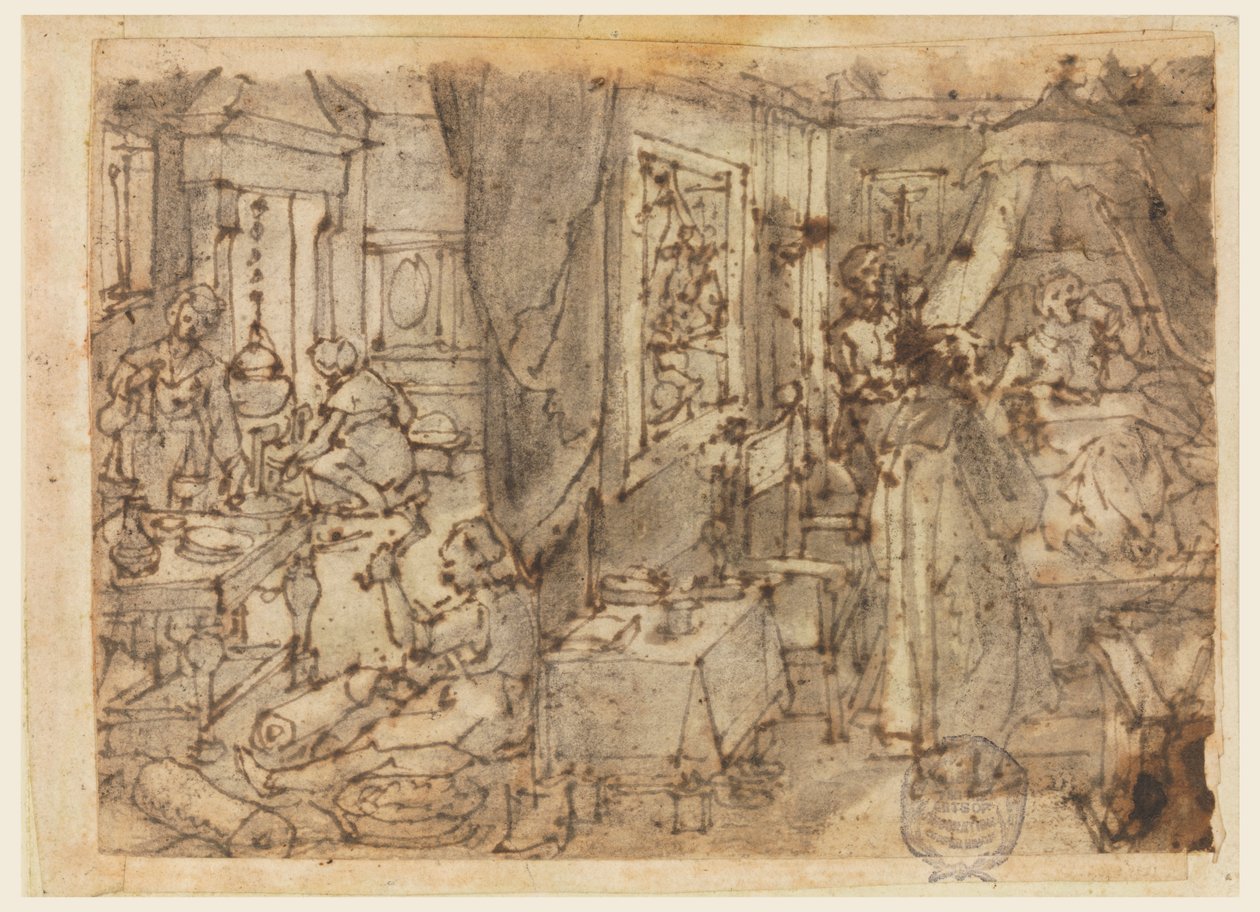 Scoperta del guaiaco come cura per la malattia venerea, progetto per "Hyacum et lues venerea," tavola 6 nella serie di stampe Nova Reperta (Nuove invenzioni dei tempi moderni) da Jan van der Straet, called Stradanus