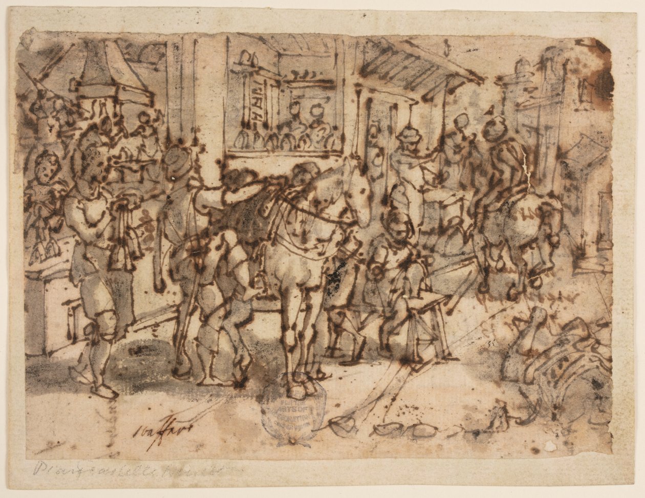 Invenzione della staffa, design per "Staphae, sive stapedes," tav. 9 nella serie di stampe Nova Reperta da Jan van der Straet, called Stradanus