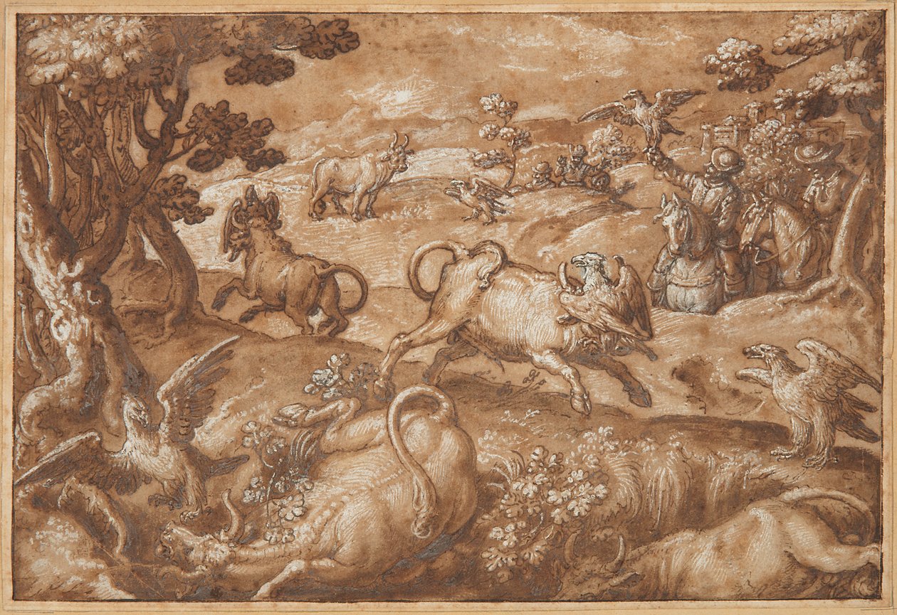 Uomini che cacciano tori con aquile da Jan van der Straet, called Stradanus