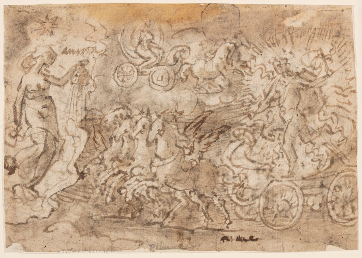 Pagina di un taccuino; Apollo e Aurora da Jan van der Straet, called Stradanus