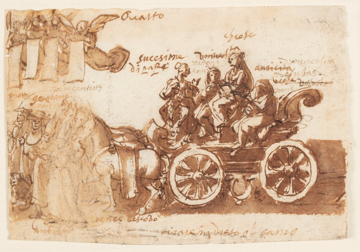 Pagina di un taccuino; Carro e tre cavalli da Jan van der Straet, called Stradanus