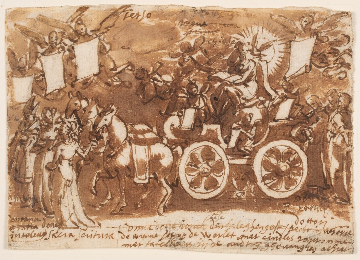Pagina di un taccuino; Carro e tre cavalli da Jan van der Straet, called Stradanus