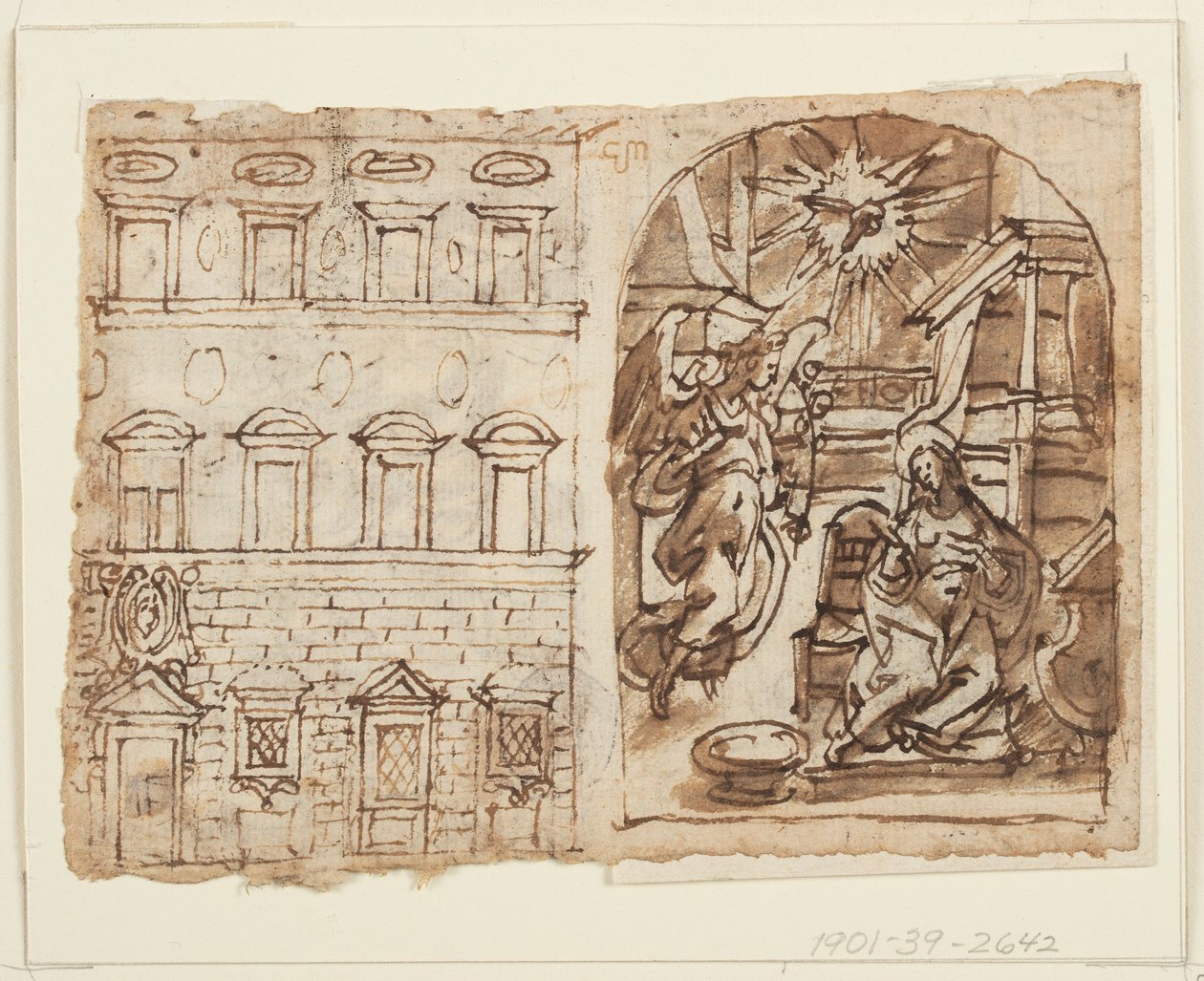 Pagina di un taccuino; Elevazione del Palazzo, Annunciazione, Ultima Cena da Jan van der Straet, called Stradanus