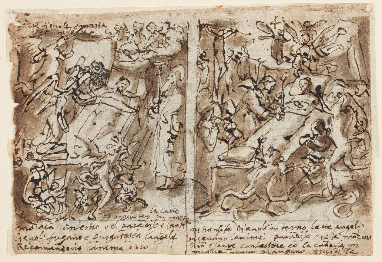 Pagina di un taccuino; Potenze celesti che aiutano i pii; Schizzo per ritratto di santo; Decorazione del frontone da Jan van der Straet, called Stradanus