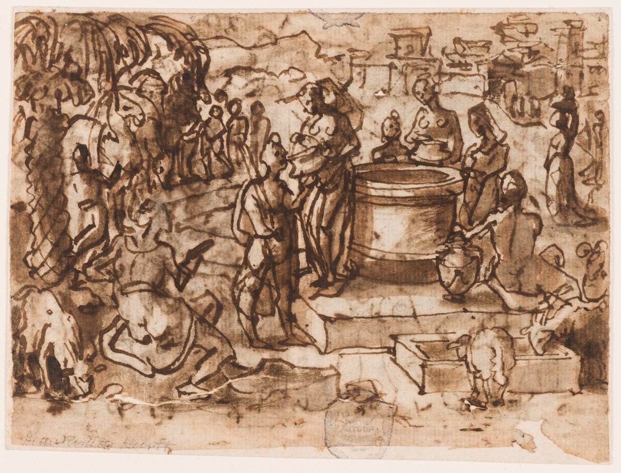 Pagina di un taccuino; Mosè e le figlie di Jethro da Jan van der Straet, called Stradanus