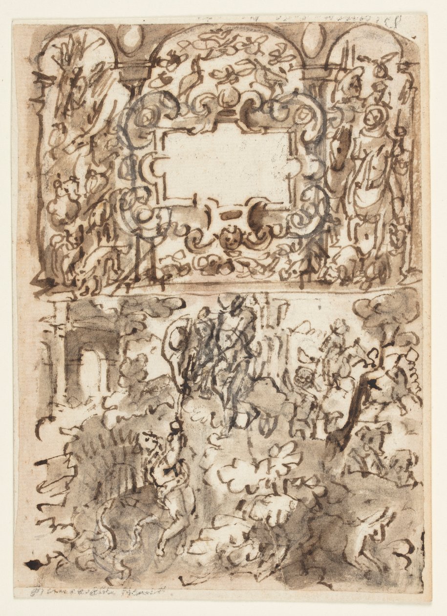 Pagina di un taccuino; pagina del titolo per la serie di incisioni sulla caccia; incidente di un cacciatore da Jan van der Straet, called Stradanus