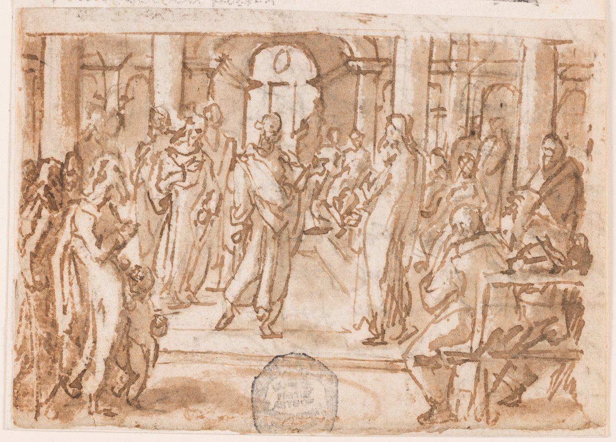 Pietro e Giovanni interrogati dal Consiglio Supremo, disegno preliminare per "Spiritus Scientiae" (Lo Spirito della Scienza), tavola 5 nella serie di stampe "I sette doni dello Spirito Santo" da Jan van der Straet, called Stradanus