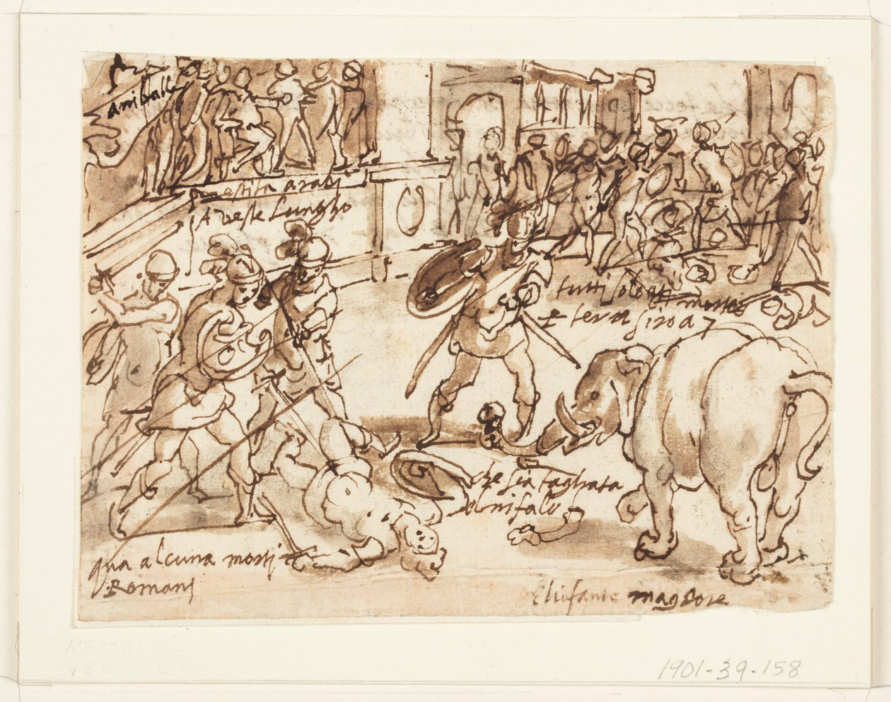 Recto: Un soldato romano combatte uno degli elefanti di Annibale; Verso: iscrizione relativa alla Storia Naturale di Plinio il Vecchio, Libro 8, cap.7 da Jan van der Straet, called Stradanus