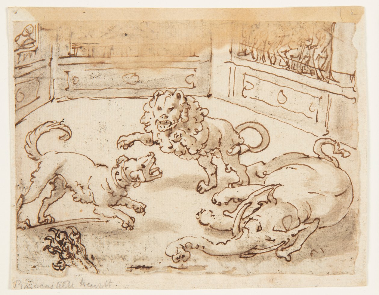 Recto: Alessandro Magno osserva una lotta tra il suo cane, un elefante e un leone; Verso: iscrizione relativa alla Storia Naturale di Plinio il Vecchio, Libro 8, cap. 61 da Jan van der Straet, called Stradanus