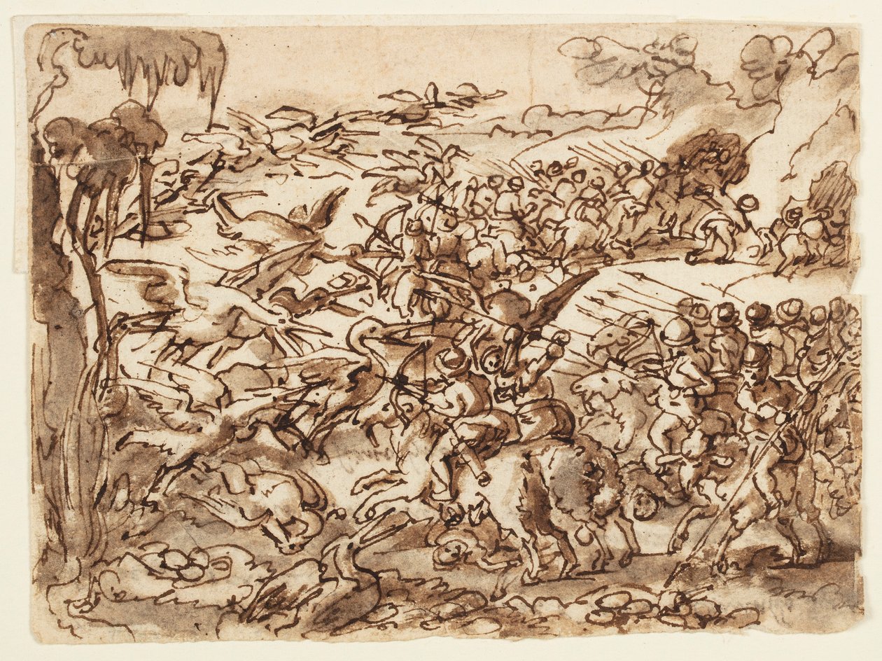 Recto: Battaglia tra Pigmei e Gru; Verso: iscrizione relativa alla Storia Naturale di Plinio il Vecchio, Libro 7, cap. 2 da Jan van der Straet, called Stradanus