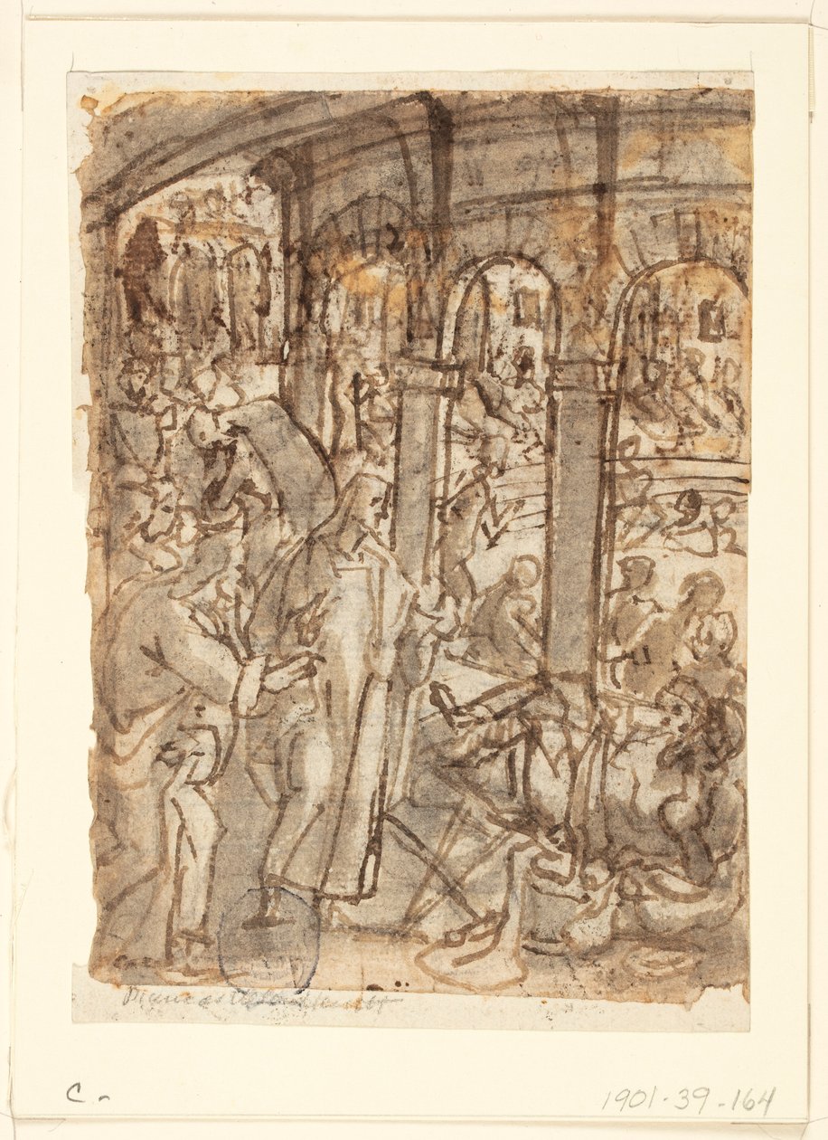 Recto: Cristo guarisce i paralitici vicino alla piscina di Bethesda; Verso, sopra: Mercurio, patrono dei viaggiatori; Verso, sotto: studi di un uomo vicino a una porta aperta da Jan van der Straet, called Stradanus