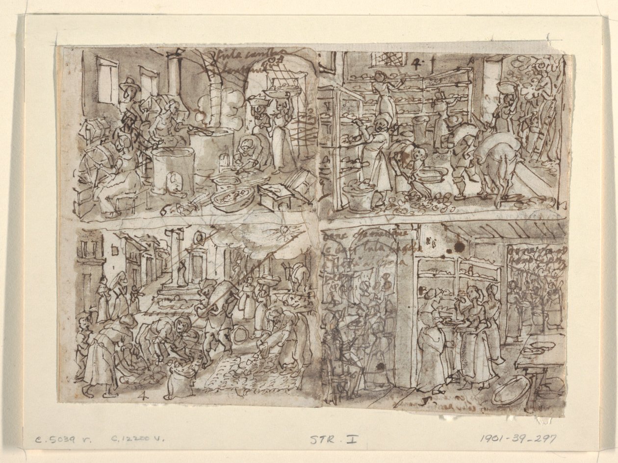 Recto: Quattro disegni preliminari per la serie di stampe "Vermis Sericus" (Produzione della seta). In alto a sinistra: Avvolgimento della seta. In basso a sinistra: preparazione delle foglie di gelso. In alto a destra: disposizione delle foglie sugli scaf da Jan van der Straet, called Stradanus
