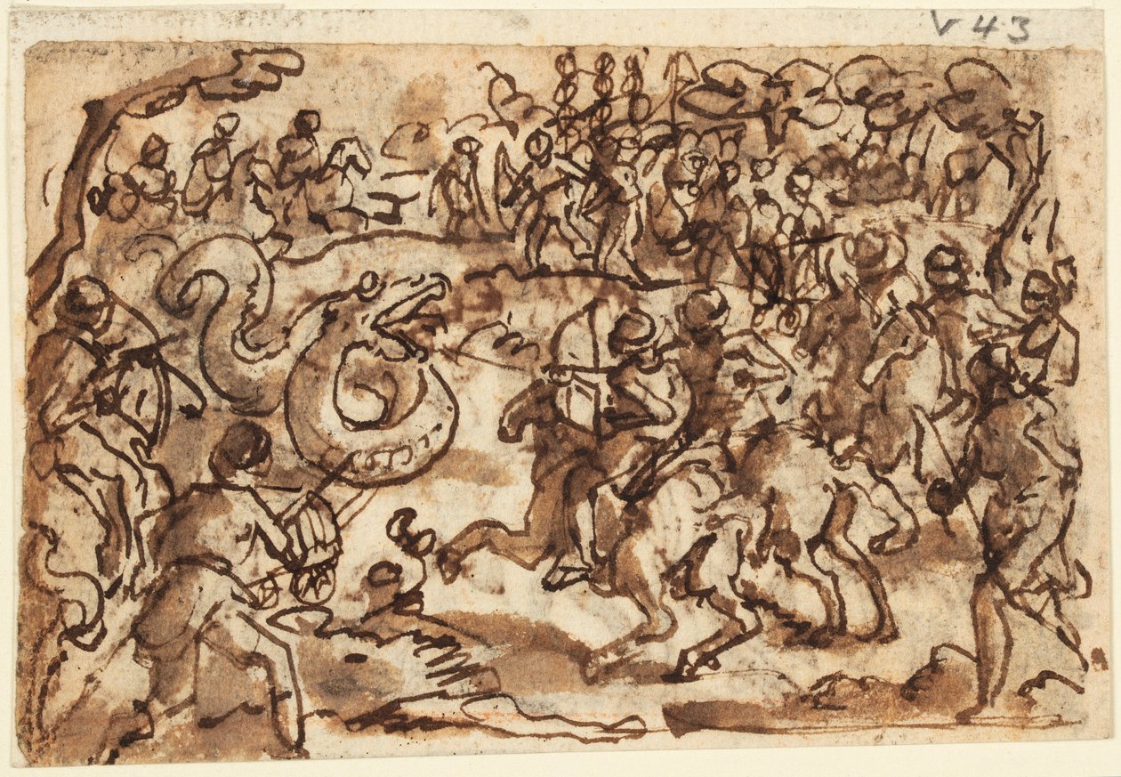 Recto: Il console romano Attilio Regolo combatte un gigantesco serpente africano, da Storia Naturale di Plinio, Libro 8, cap. 14; Verso: Tolomeo cattura un gigantesco serpente con una rete, da Biblioteca Storica di Diodoro Siculo III, 37 da Jan van der Straet, called Stradanus