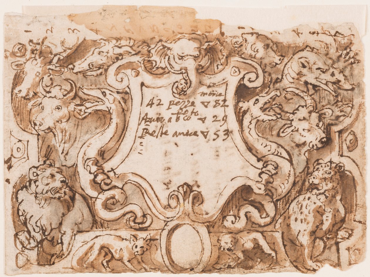 Recto: disegno preliminare per la pagina del titolo della serie di stampe Venationes Ferarum Arium Piscium; Verso: note di Stradanus sui pagamenti a un sarto da Jan van der Straet, called Stradanus